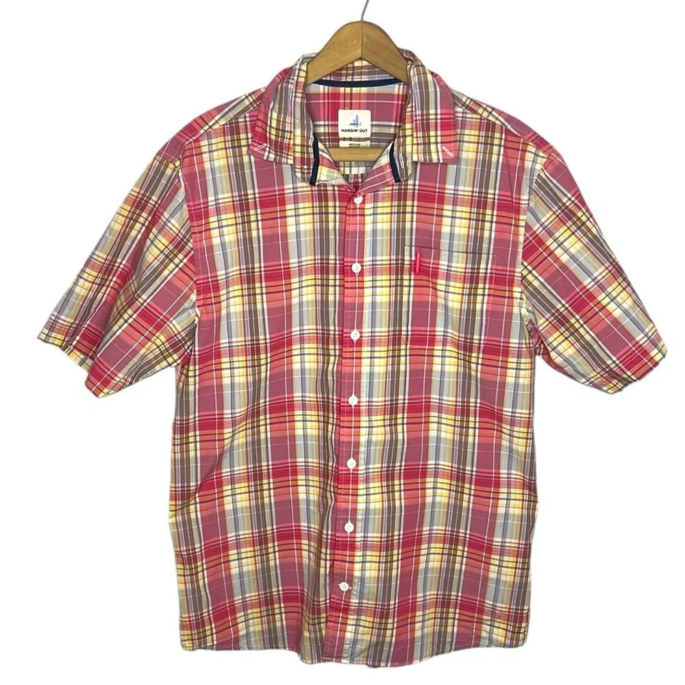 johnnie-O Hangin’ Out Mens M Pink Plaid Short Sleeve Button Down Shirt